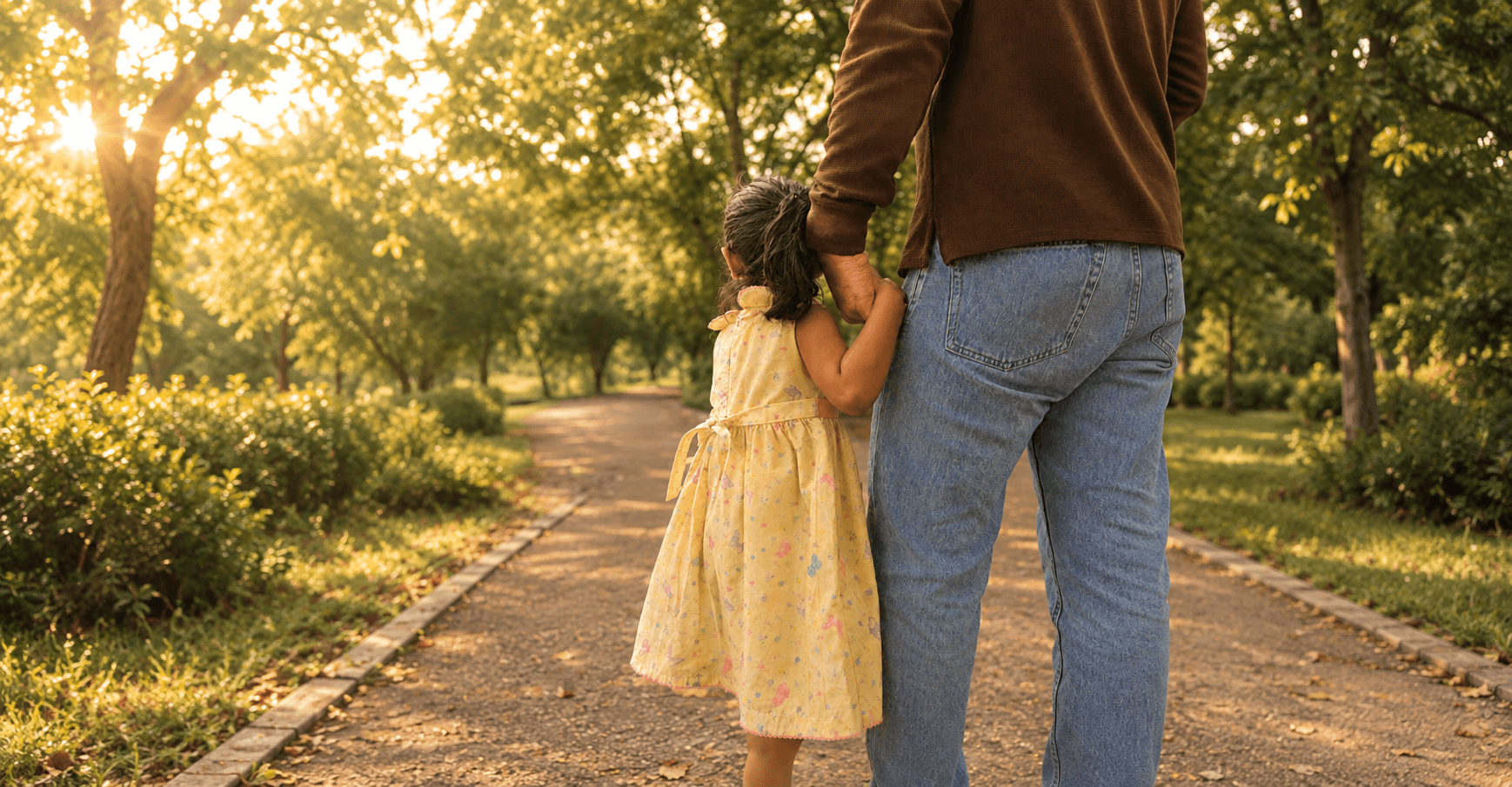 A parent and child walking hand in hand through a sunlit park